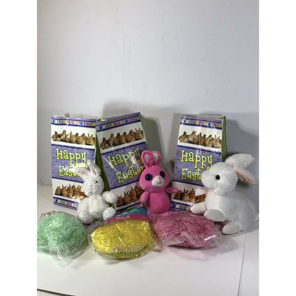 Mix 3 Easter Bunny Plush toys Easter Grass & Bags - Picture 3 of 6